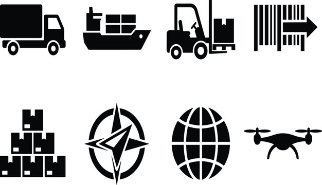 Logistics and shipping vector icon set featuring delivery truck, cargo ship, forklift, barcode, boxes, compass, globe, and drone