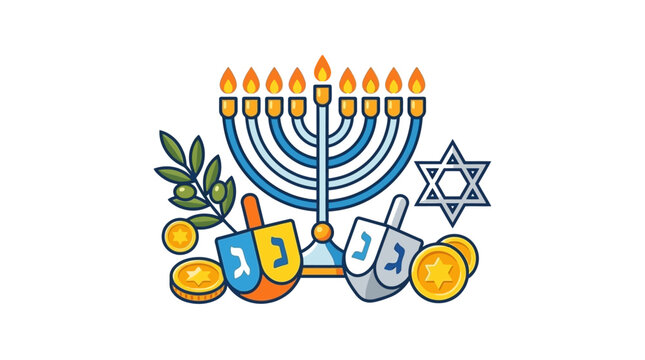 A festive illustration featuring a menorah and dreidels for the Jewish holiday of Hanukkah