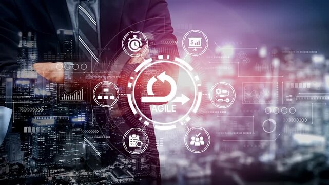 Professional Businessman Overlooking Cityscape with Agile Management Symbols and Digital Interfaces Representing Innovation and Efficiency in Modern Business Practices. Entropy.