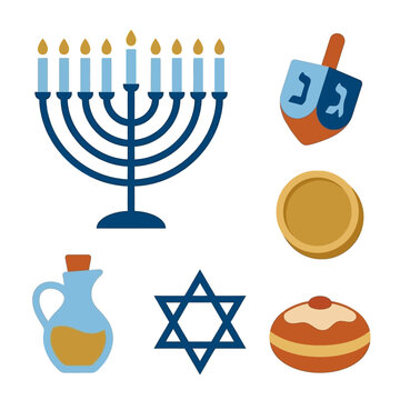 Set of Hanukkah holiday symbols including a menorah and dreidel