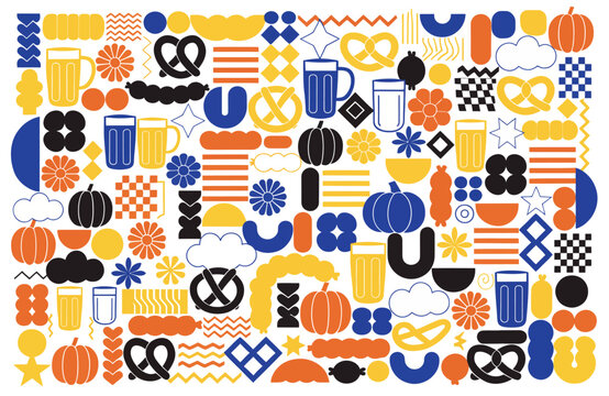 Abstract pattern featuring various beer mugs and pretzels in a festive style