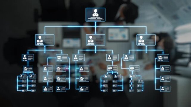 An illustration representing a digital organizational chart set in a modern office, showcasing team structure and collaboration among business professionals for strategic planning. Raster