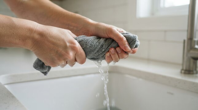 Woman squeezing a wet microfiber cleaning cloth over a kitchen sink, doing household chores and cleaning tasks