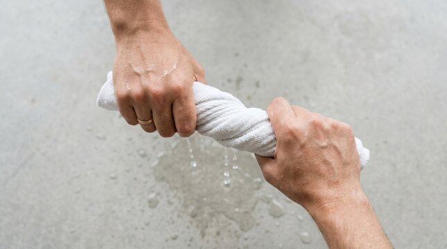 Adult man wringing out a wet white towel over a grey concrete floor