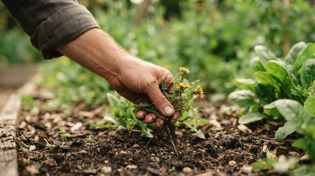 A male gardener weeding a vegetable bed in an organic garden, pulling out weeds with roots by hand for pest control and plant health