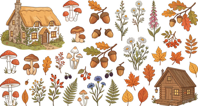 Cozy Cottagecore Woodland Vector Illustration Set Featuring Rustic Cabin Thatched House Wild Mushrooms Acorns Autumn Leaves and Botanicals for Nature Graphic Designs