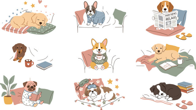 Cozy home lifestyle dog illustration set featuring sleeping puppies reading newspaper and drinking tea on couches isolated on white background for lifestyle brand marketing