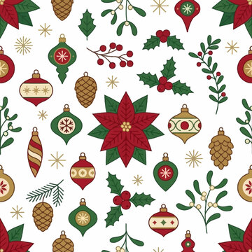 Hand drawn festive pattern featuring Christmas ornaments and winter plants