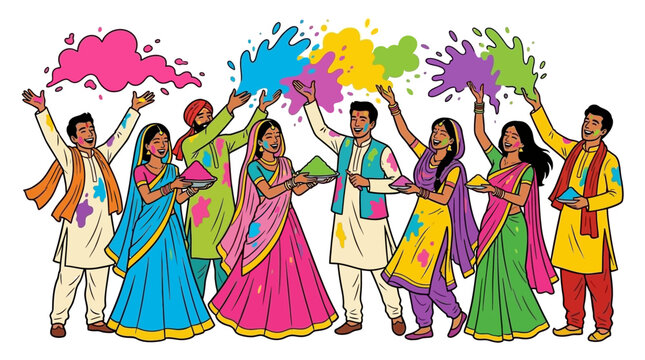 Happy people celebrate the traditional Indian Holi festival with colorful powder