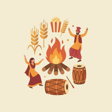People dancing around a bonfire during the traditional Indian Lohri harvest festival celebration
