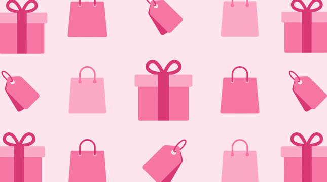 Pink gift boxes and shopping bags arranged in a repeating pattern