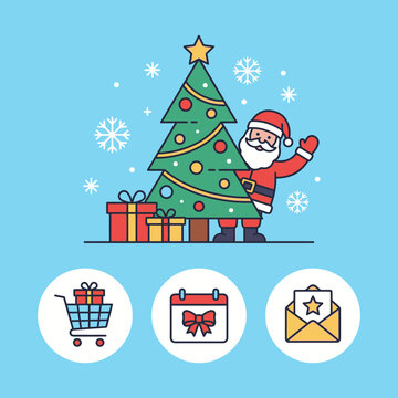 Santa Claus waves near a decorated pine tree with holiday gifts