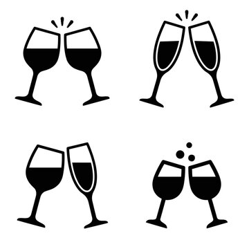 Set of black icons showing wine glasses clinking together for a celebration