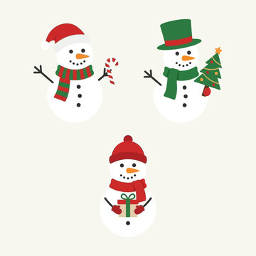 Three cheerful snowmen holding holiday items on a plain background
