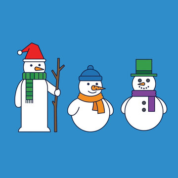 Three cute snowmen wearing colorful winter hats and scarves stand together