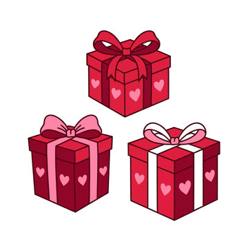 Three red gift boxes decorated with heart patterns and ribbons for Valentine Day