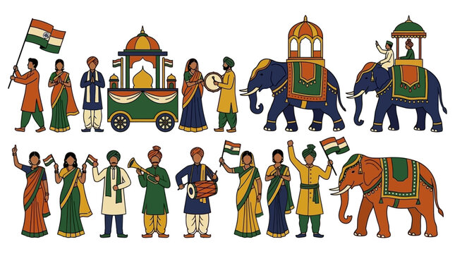 Traditional Indian cultural parade with decorated elephants and people celebrating