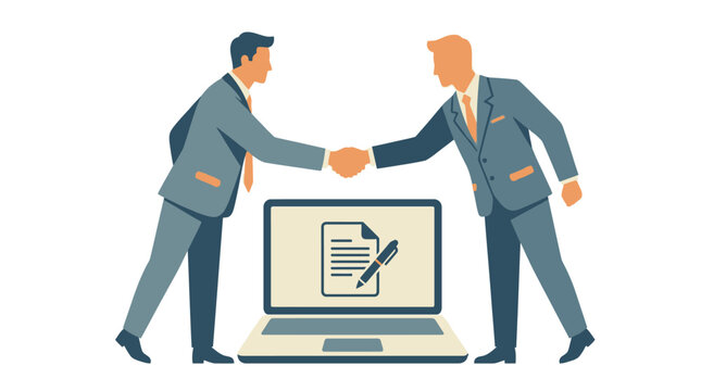 Two business partners shaking hands over a digital contract on a laptop screen
