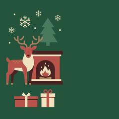 Fototapeta premium A festive reindeer stands beside a warm fireplace with wrapped holiday gifts
