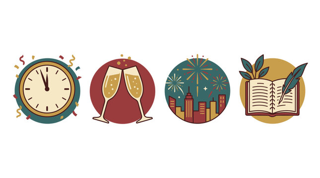 Set of four flat icons representing New Year celebration elements