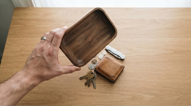 Man holding empty wooden valet tray above everyday carry items on wooden table