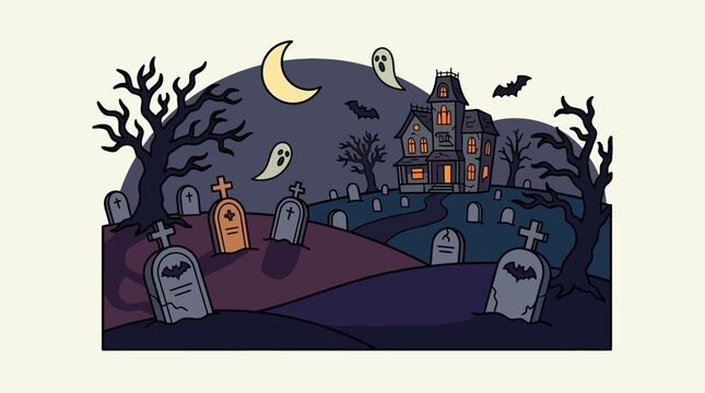 Spooky haunted mansion stands behind a graveyard under the crescent moon