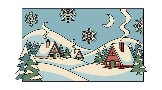Small cozy cabins nestled in a quiet snowy winter village at night