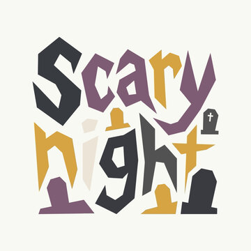 Stylized scary night typography design with spooky graveyard elements for holiday celebration