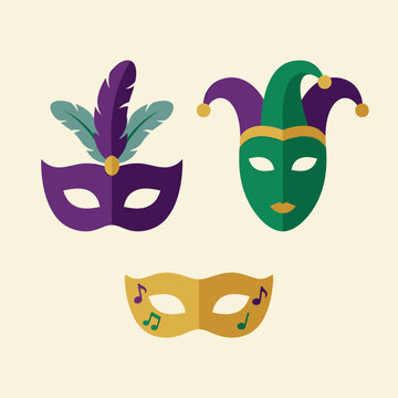 Three colorful carnival masks displayed for a festive celebration