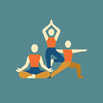 Three stylized figures practicing various yoga poses in a flat design illustration