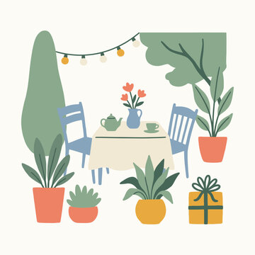 Two wooden chairs sit at a small table with tea and flowers
