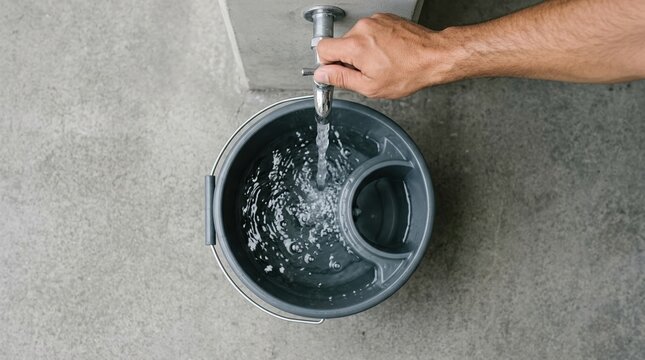 Person filling a special compartment bucket with water from a metal outdoor tap