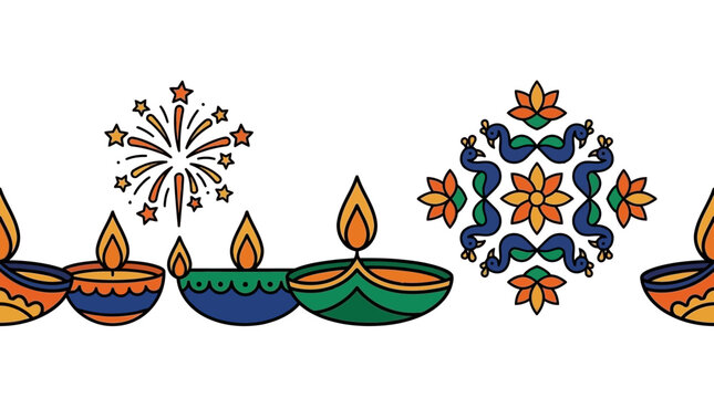 Colorful hand drawn diya lamps and traditional rangoli patterns for Diwali festival celebration