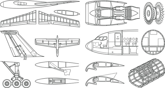 Aircraft Engineering Technical Drawing Collection with Airplane Components and Aerospace Blueprint Illustrations