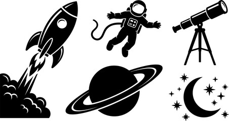 Space Exploration Silhouette Set with Rocket Launch, Astronaut, Telescope, Saturn Planet, and Crescent Moon with Stars for Astronomy and Science Graphic Designs © Mdsumon