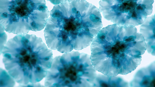 Microscopy image of abnormal squamous epithelial cell cluster in blue stain, pathology sample with cellular nuclei detail