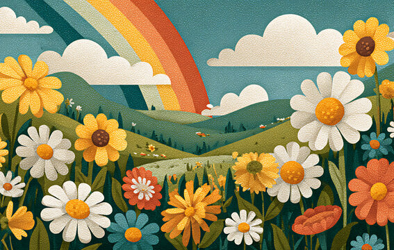 Pixel Art Landscape With Vibrant Wildflowers And A Rainbow Over Rolling Green Hills Under Soft Clouds