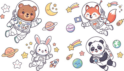Cute cartoon animal astronaut illustration set with bear fox rabbit and panda floating in outer space isolated on white background for kids nursery design © Protima