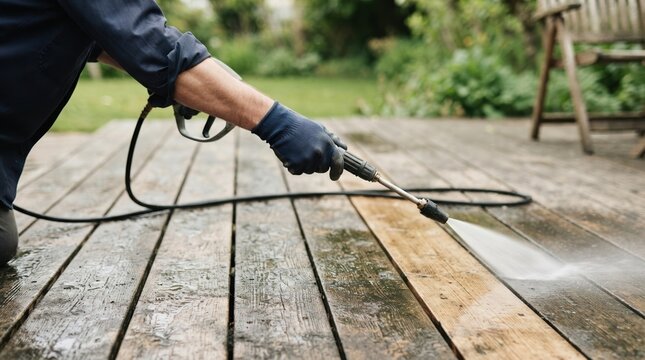Middle-aged man using a high-pressure power washer to clean a wooden patio deck in the garden