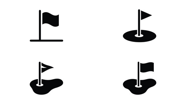 Four minimalist black golf flag icons featuring simple shapes for sports navigation and professional course mapping on white backgrounds