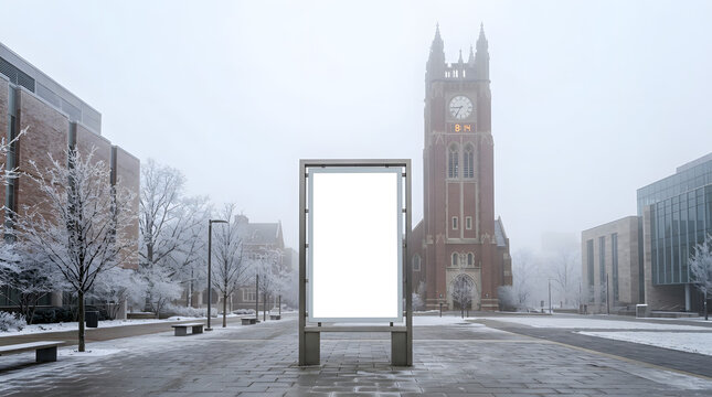 Blank billboard mockup on snowy university campus in winter fog