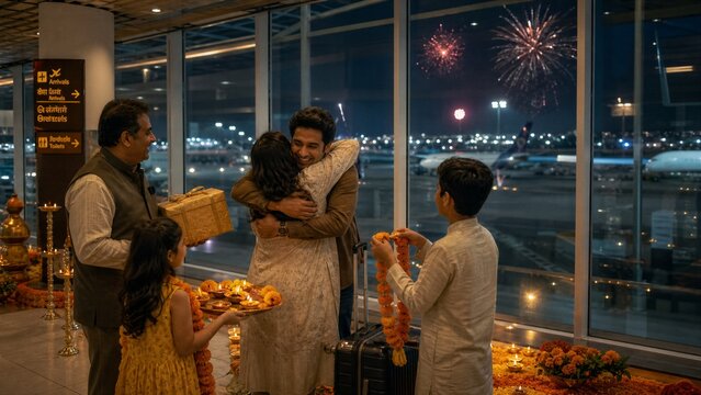 Airport Homecoming Festival: A heartwarming reunion unfolds at an airport terminal as a family joyfully embraces, surrounded by festive decorations and distant fireworks.