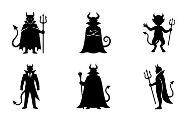 Fototapeta premium Devil Silhouettes Collection, 6 Vector Icons, Demon Characters, Evil Figures, Halloween Symbols, Fantasy Creatures