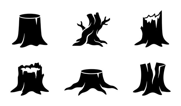 Six Black Tree Stump Icons, Forest Remnants, Wood Cutouts, Nature Elements, Rustic Design Assets