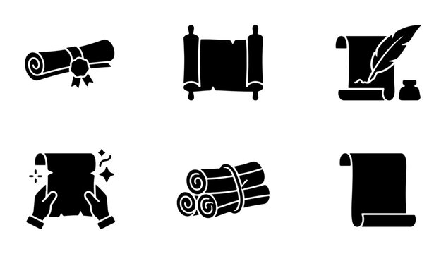 Scroll Icons Set, Parchment Vector Graphics, Manuscript and Diploma Symbols, Historical Document Illustrations