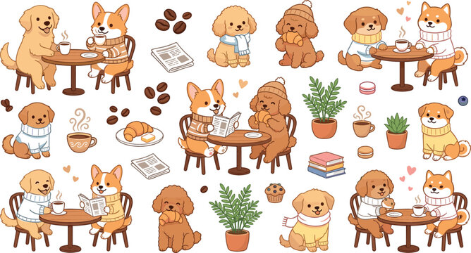 Cute cartoon dog cafe illustration set featuring retriever corgi poodle and shiba inu drinking coffee and eating croissants isolated on white background for lifestyle brand marketing