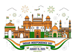 Fototapeta premium Indian Independence Day Celebration Vector Art - Red Fort, Gateway of India, Fireworks