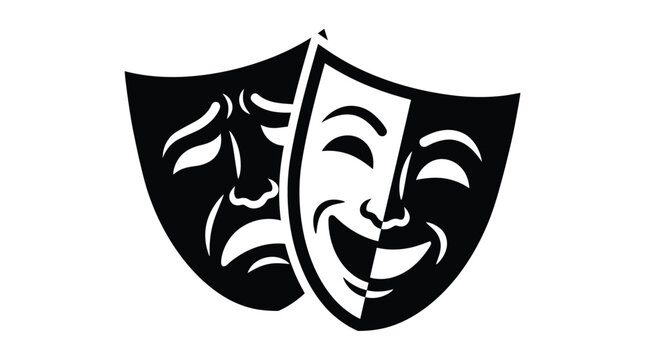 Classic black and white theatrical drama masks showing contrasting emotions of comedy and tragedy in a bold minimalist vector style