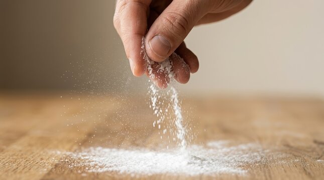 A person sprinkling salt or sugar onto a wooden table surface, representing cooking and seasoning concepts