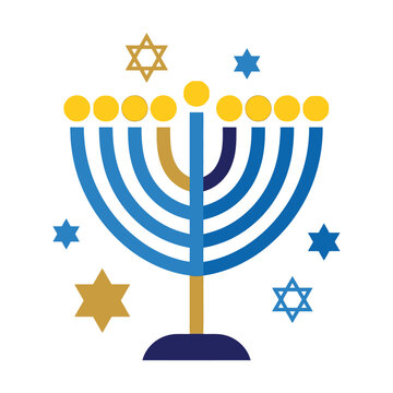 A blue and gold Hanukkah menorah surrounded by six-pointed stars